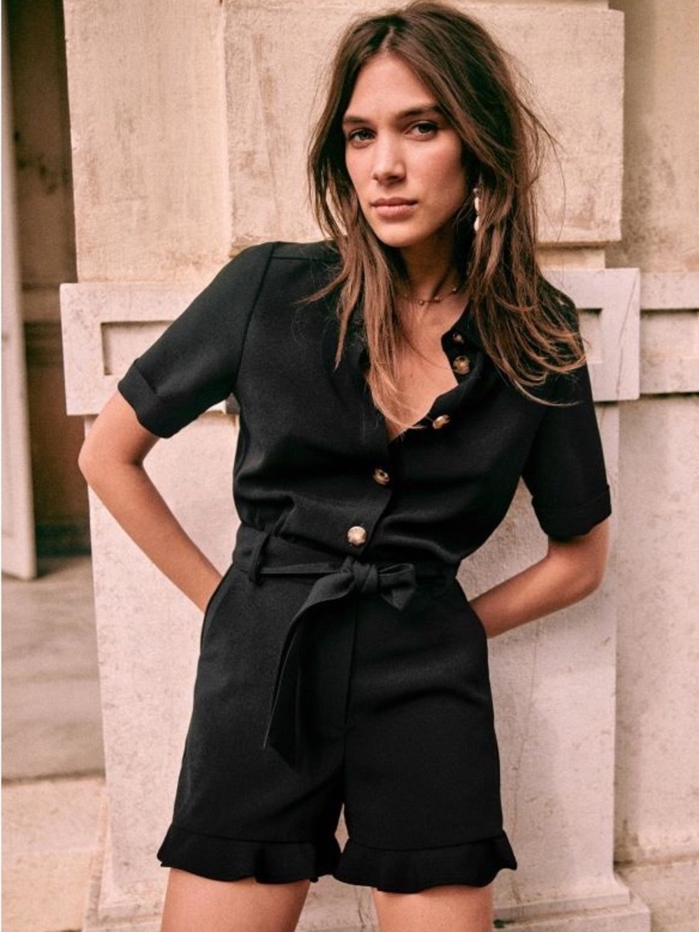 Sezane Elise Black Short Tie-Waist Jumpsuit with Ruffle Hem